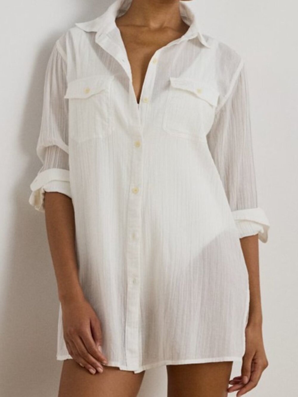 Lauren Ralph Lauren White Gauze Roll-Tab Shirt